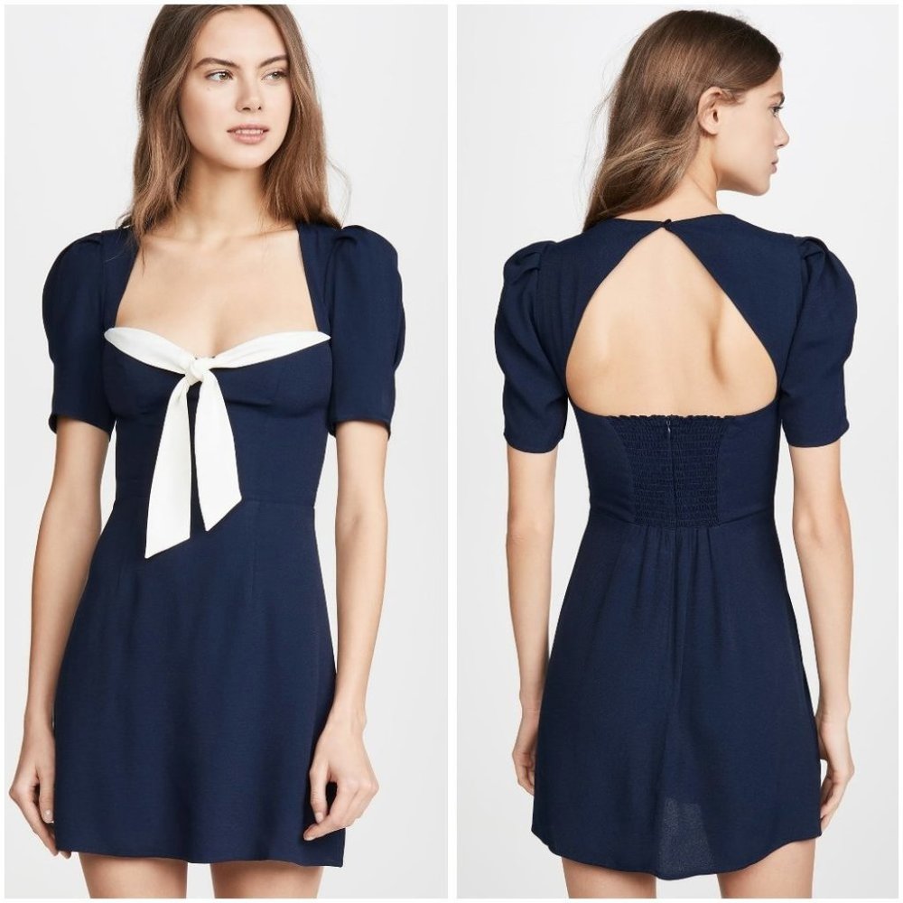 Reformation Navy Blue Grant White Tie Dress $218